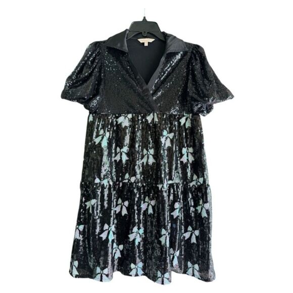 Simply Southern Dresses & Skirts - Simply Southern Collection Black Sequin Bow Puff Sleeve Collared Mini Dress -S